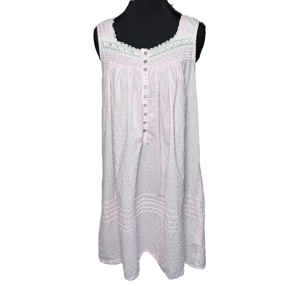 Eileen West Pink Swiss Dot Cotton Nightgown Lace Trim XS Cottagecore Grannycore